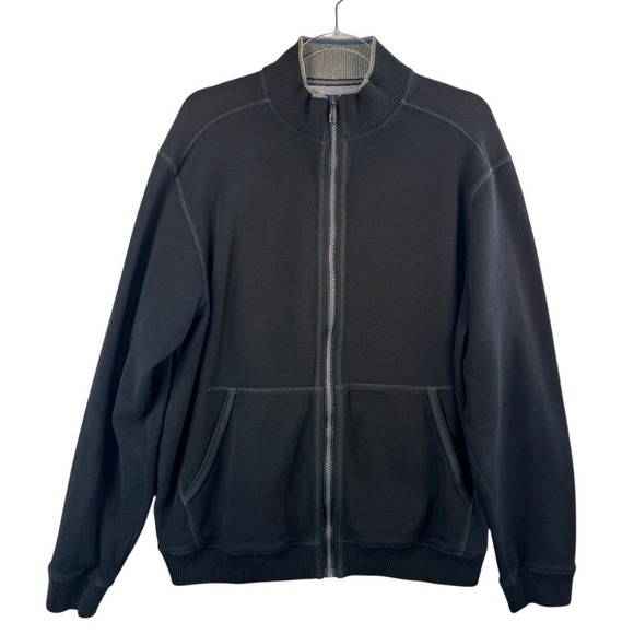Tommy Bahama‎ Zip Sweater Jacket Thermal Cardigan Black Elbow Patch Men's L READ - Picture 1 of 9
